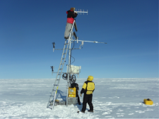 Researchers install a new satellite antenna for the NASA-U Automatic Weather Station on the Greenland Ice Sheet. Photo by Jim Pottinger (PolarTREC/ARCUS 2011) Photo by Jim Pottinger (PolarTREC/ARCUS 2011)